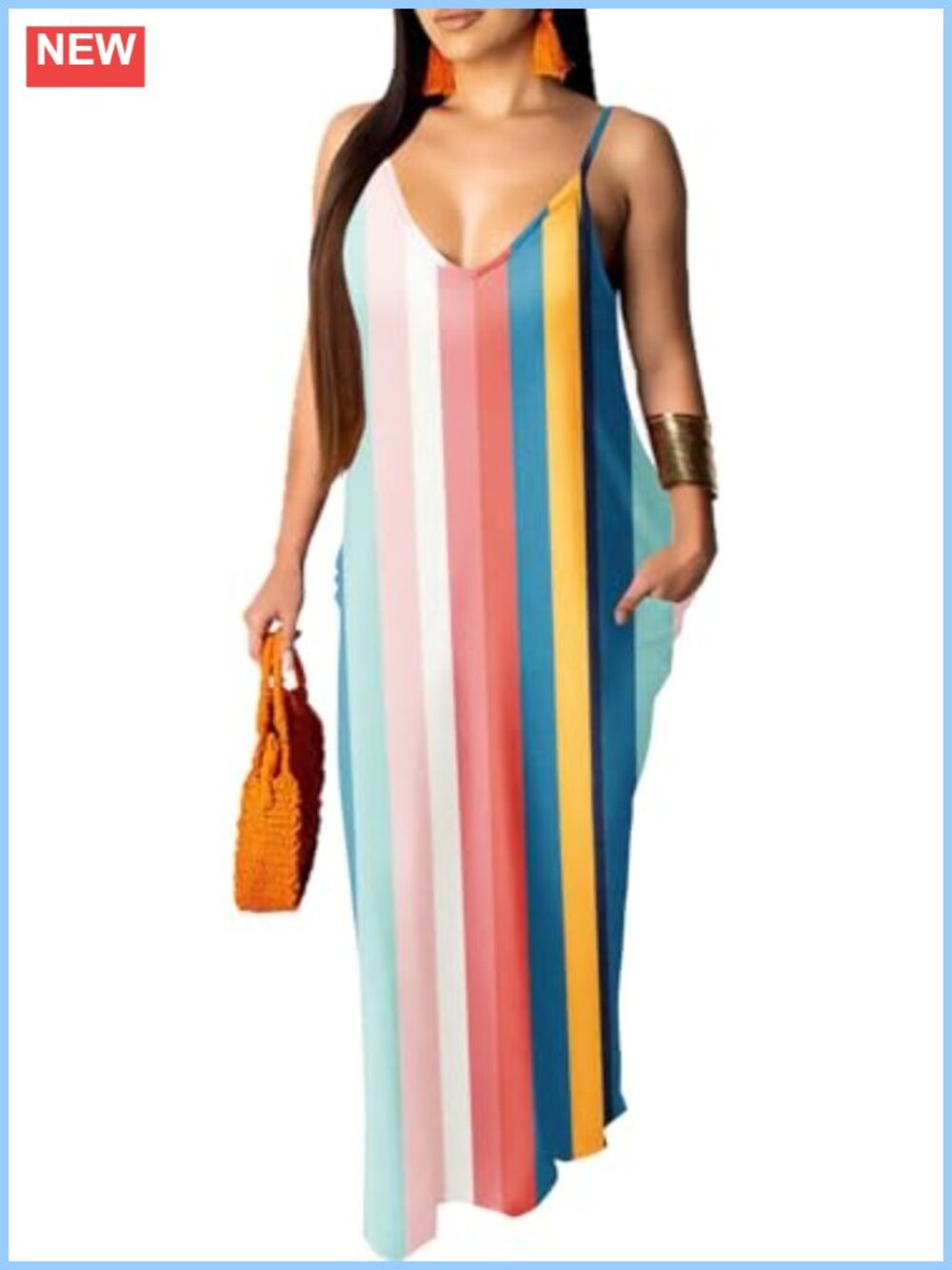 Women's Maxi Dress with Pockets, V-Neck Pleated Style